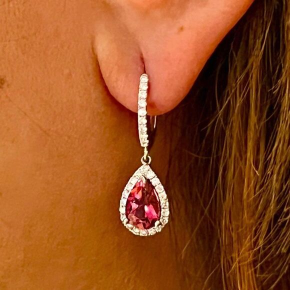 Diamond Rubellite Tourmaline Drop Earrings 18k W Gold 2.93 TCW Certified 210764 - Picture 3 of 13